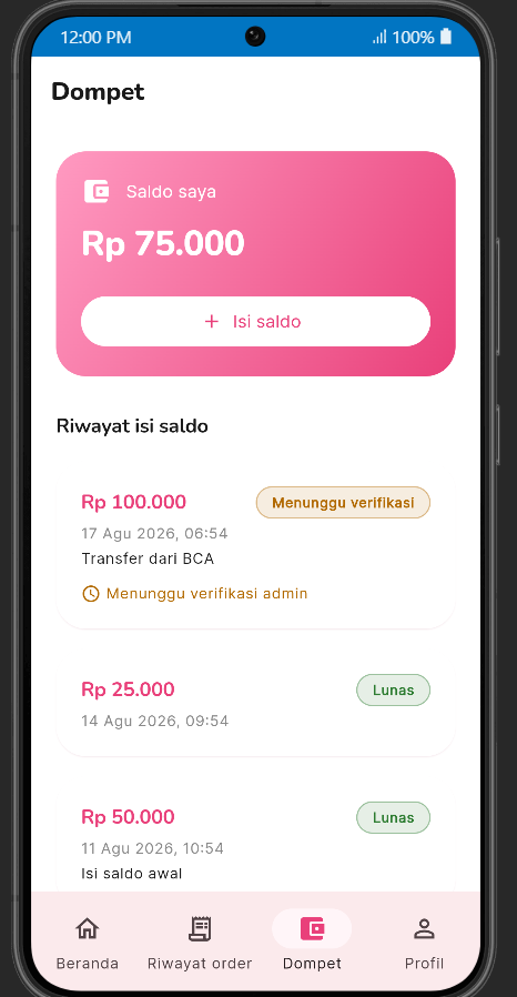 Dompet dengan satu tombol isi saldo dan riwayat pengisian berstatus menunggu verifikasi