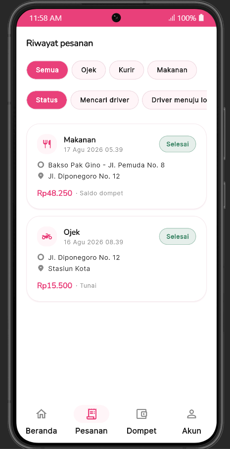 Riwayat pesanan lengkap dengan penyaring jenis layanan dan penyaring status